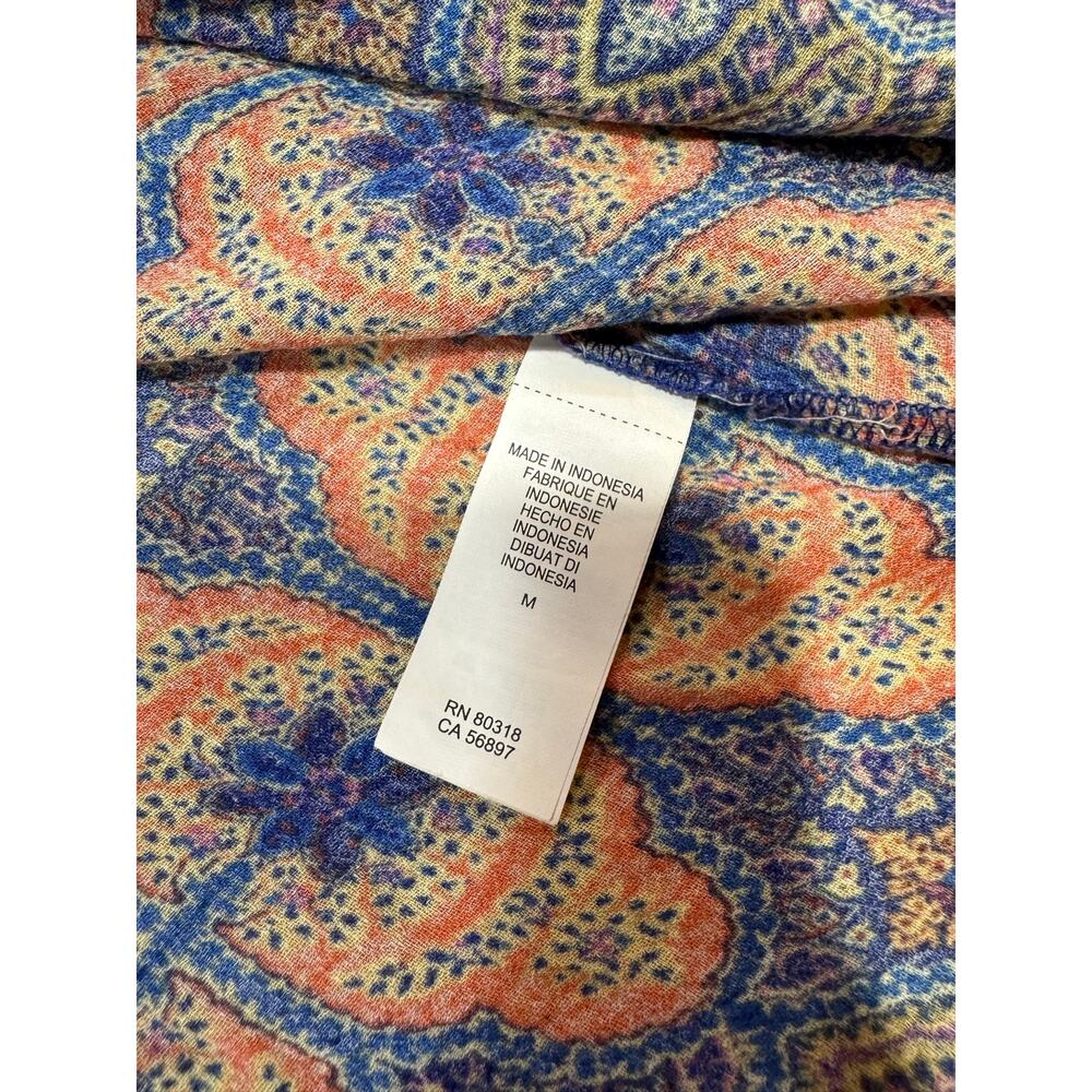 Lucky Brand Women’s Medium Tunic Top Peasant Boho Tie Neck Rayon Blue Orange - Picture 5 of 9